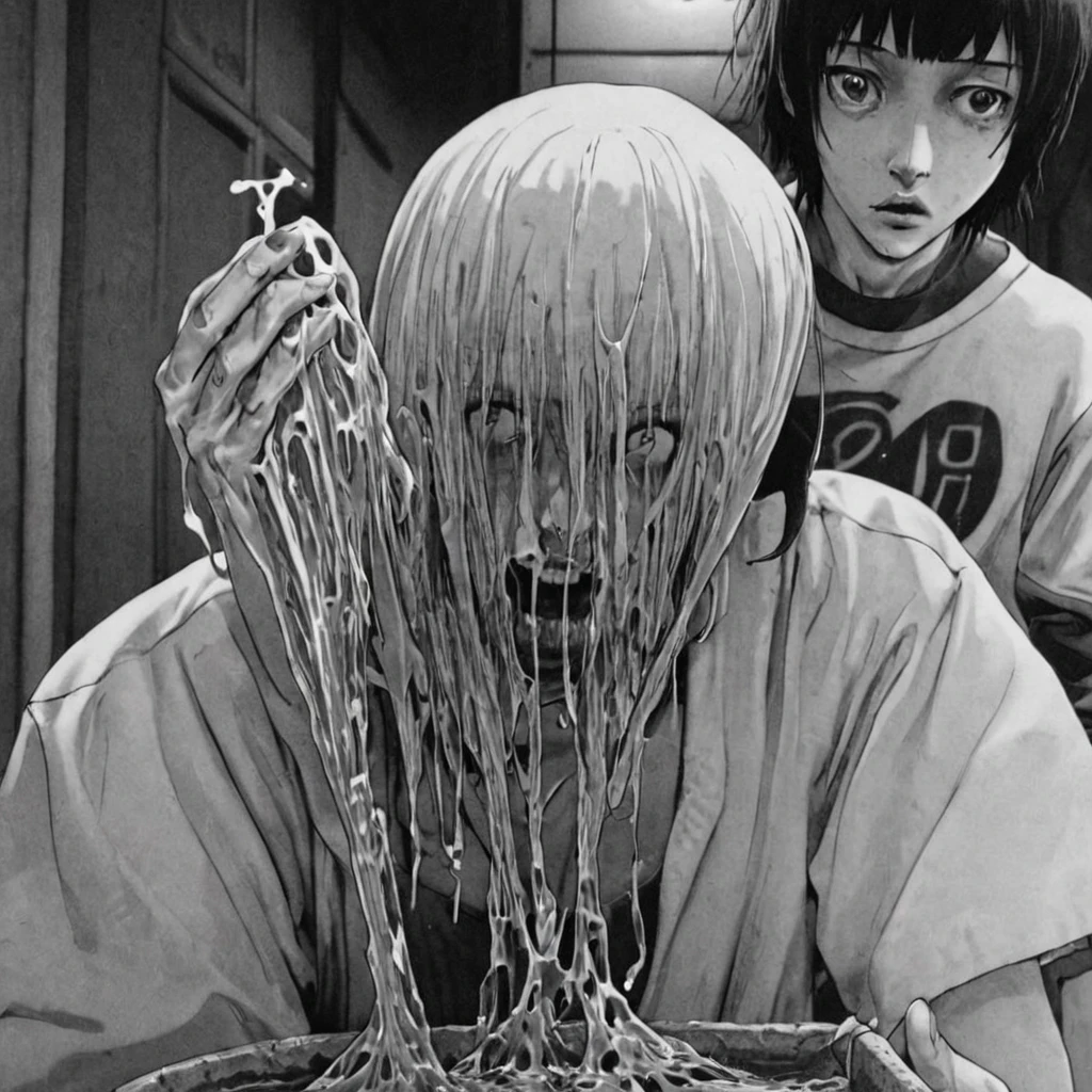 protective clothing, toxic liquid, (anime), bizarre scenario, This is Junji, Yusuke Murata, black and white, 8K, anime, horror