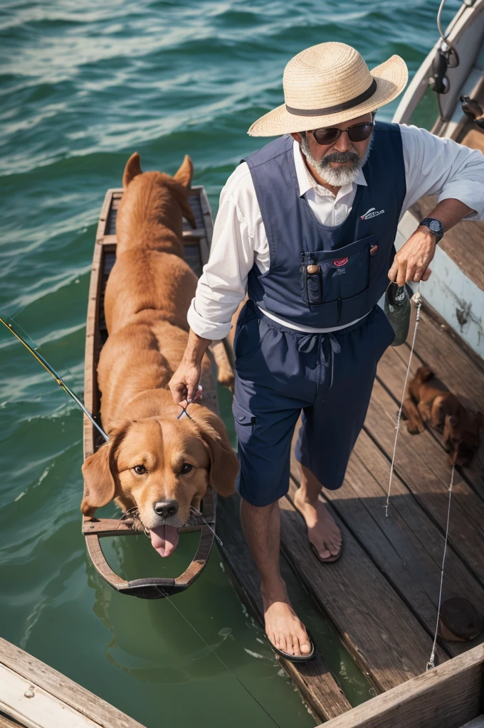 Man on fishing boat with dog