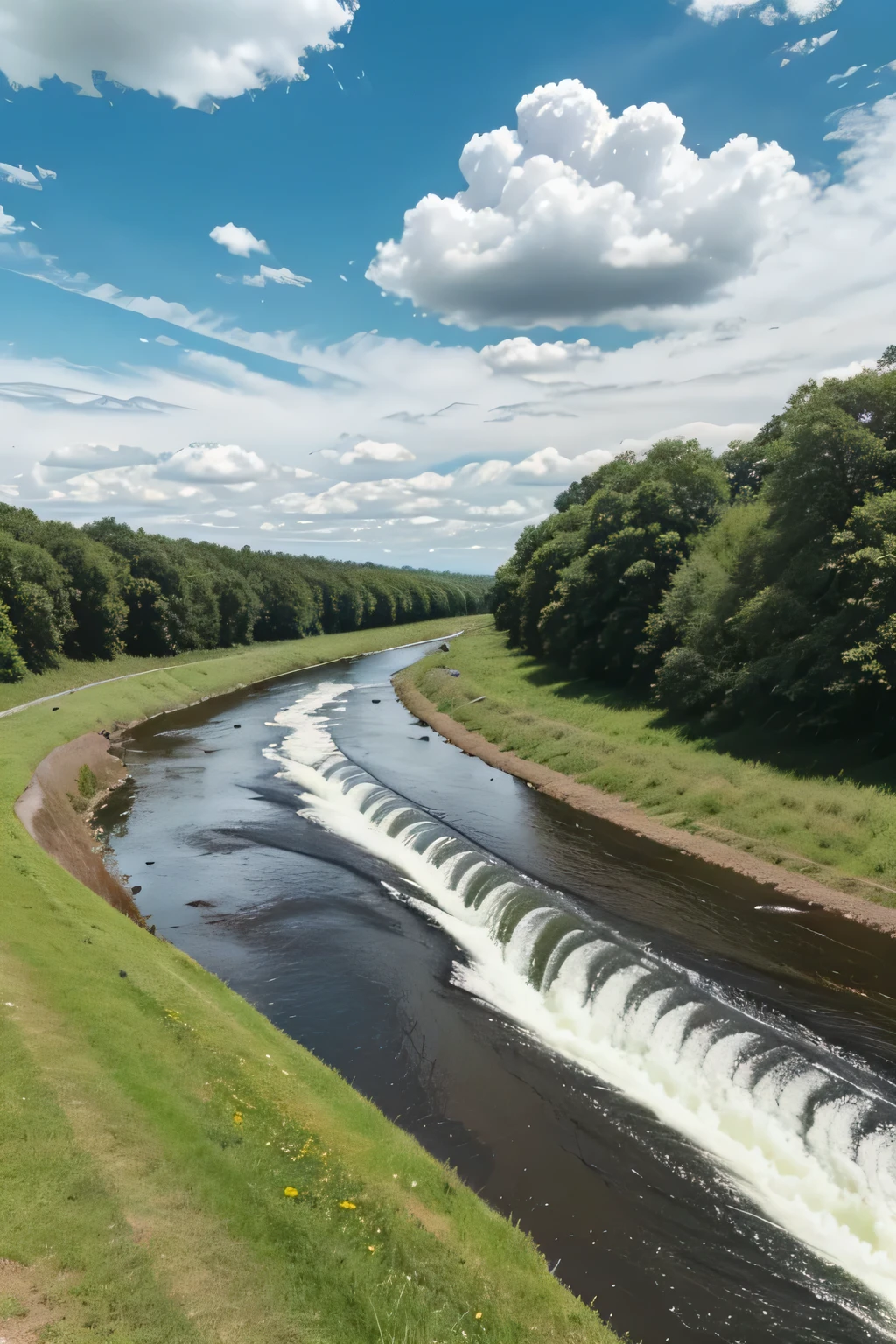 There is water flowing on the bank of a river, and on the side there are plants and some deer, and the wind is blowing, I am seeing clouds in the sky and below the clouds a plane is flying.
