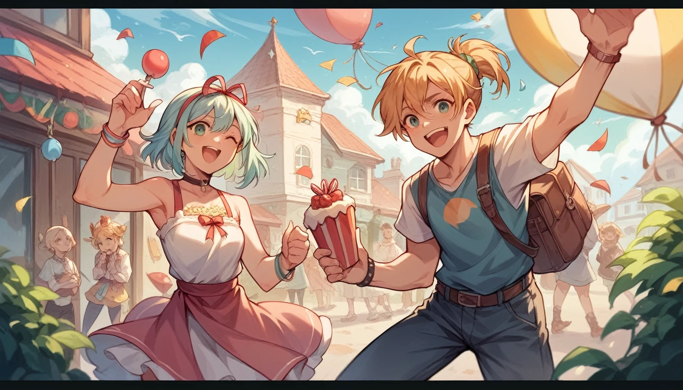 Make a picture of the characters from the game Grand Chase, Elesis, Lire, Arme and Mary celebrating a birthday
