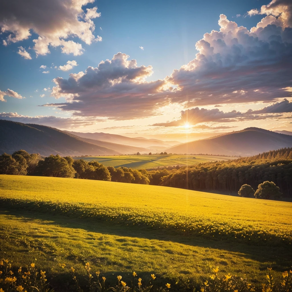 "Create an image that represents the concept of divine restoration. Showcase a vibrant and renewed landscape, with elements that suggest transformation and improvement. Include a soft celestial light that illuminates the scene, symbolizing the presence of God. a beautiful instagram size field.


