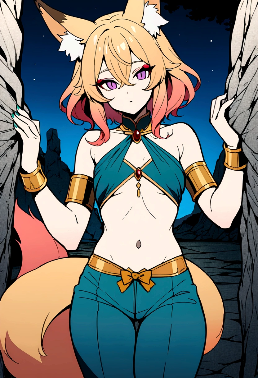 Masterpiece, High quality, High quality of art, best quality, anime lineart, Femboy, light carrot hair, fox ears, fox tail, Red eyeshadow, purple eye color, Bare belly, Femboy, military armlets, general's pants, A heavy golden bow with rubies holds the viewer hostage on a stone beach, black-green blue clothes 