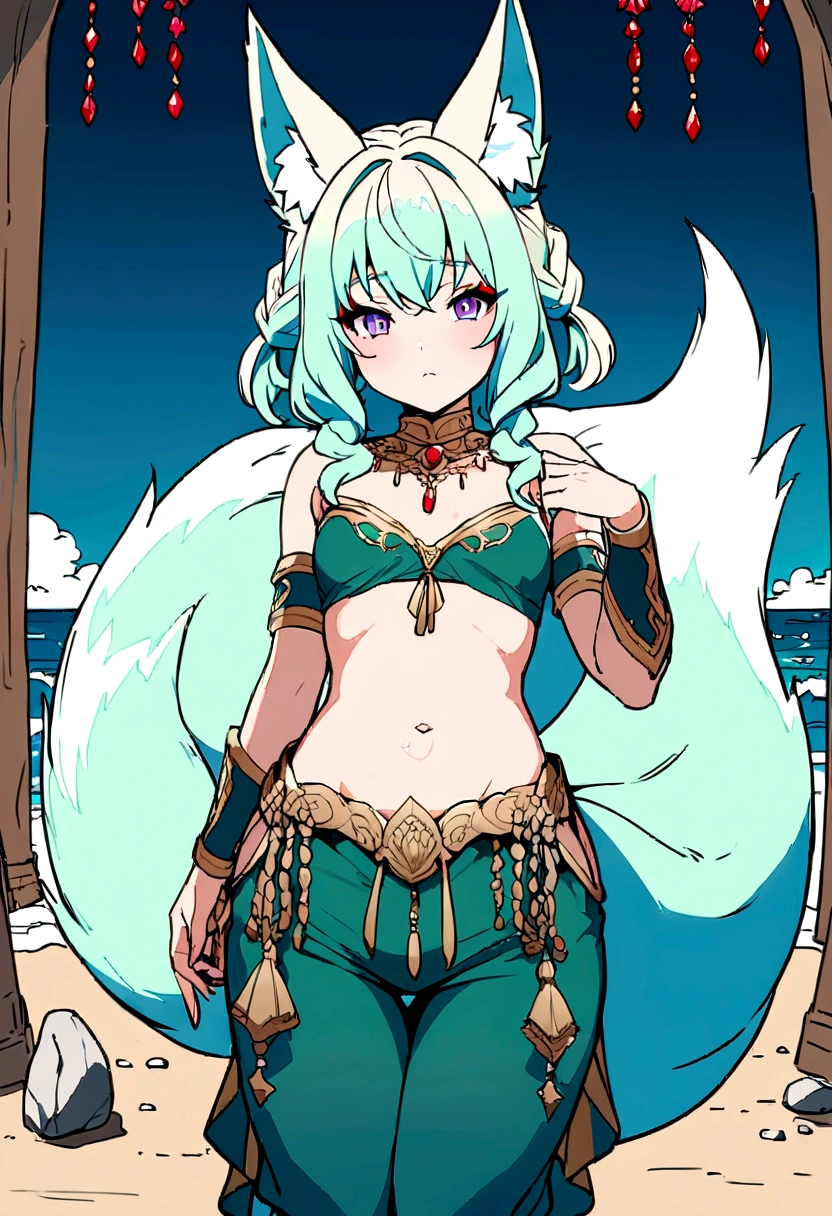 Masterpiece, High quality, High quality of art, best quality, anime lineart, Femboy, light carrot hair, fox ears, fox tail, Red eyeshadow, purple eye color, Bare belly, Femboy, military armlets, general's pants, A heavy golden bow with rubies holds the viewer hostage on a stone beach, black-green blue clothes 