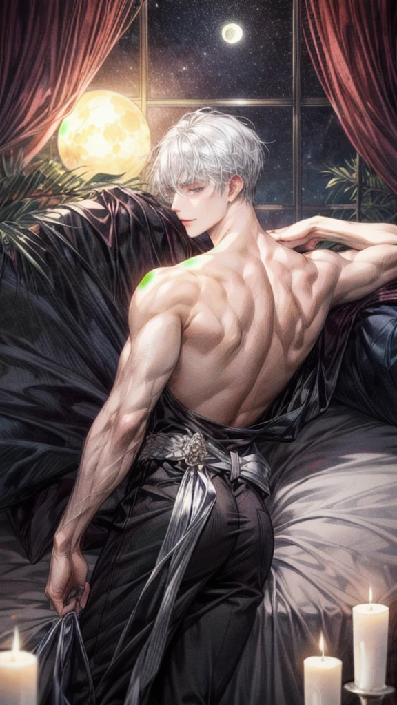best qualtiy, a thriller masterpiece,High-gloss dark style, Lying man with his back at the rug, One man, male, soft blue eyes, dark circles under eyes, soft face, masculine, white hair, middle part, curtain fringe, bangs, tall, slender, muscular, broad shoulders, long eyelashes, gentle, masculine but beautiful, pink lips, eye bags, smile,masculine, gentle, casual clothes, white shirt,  , desperate visual impact, hands spread wide, blood, short hand grove, bedroom, lots of candles, big full moon outside the window,