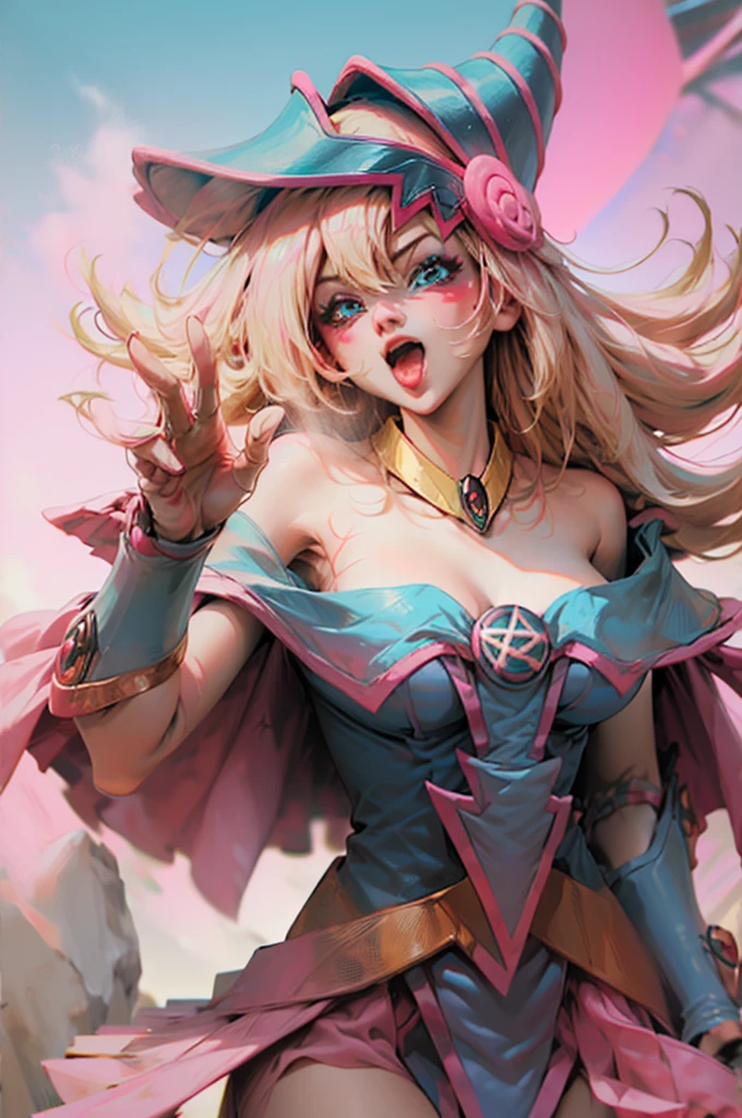 Create the beautiful face of dark magician gils. blue eyes. pink lips. white tea. blond hair. girl smile. Uncovered shoulders. Necklace on the neck. dark wizard gils face. His hands make the sign of peace and love. Peace and love in your hands.