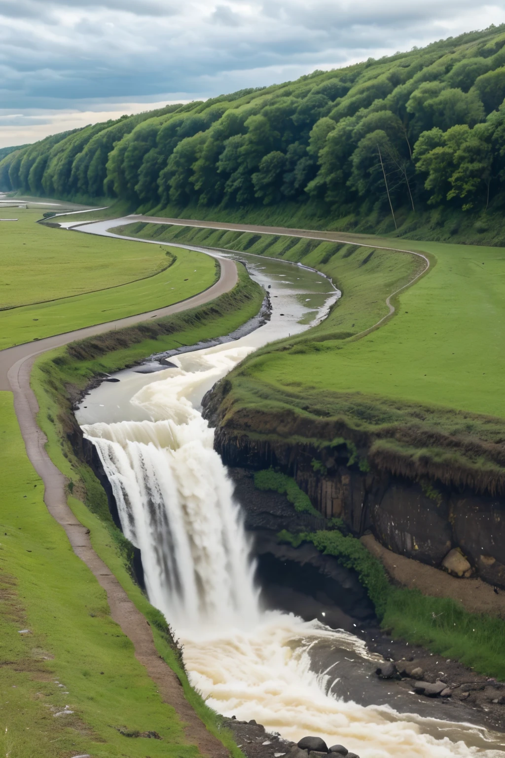 There is water flowing on the bank of a river, and on the side there are plants and some deer, and the wind is blowing, I am seeing clouds in the sky and below the clouds a plane is flying.