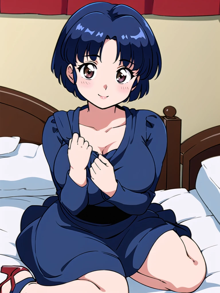 HDR, CG, sharp focus, (8k), (4k), masterpiece, best quality, detailed skin, extremely detailed, hiper detailed, sharp focus, looking at viewer, high quality, AKANE, Akane tendou, short hair, blue hair, brown eyes ,curtain pelvic DRESS, tetas grandes, bLush, solo, 1girl, sit on BED, BEDROOM background, hands on chest, heels, black dress, smile,  
