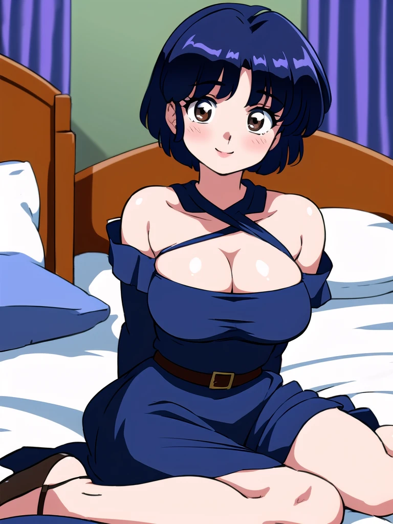 HDR, CG, sharp focus, (8k), (4k), masterpiece, best quality, detailed skin, extremely detailed, hiper detailed, sharp focus, looking at viewer, high quality, AKANE, Akane tendou, short hair, blue hair, brown eyes ,curtain pelvic DRESS, tetas grandes, bLush, solo, 1girl, sit on BED, BEDROOM background, hands on , heels, black dress, smile,  
