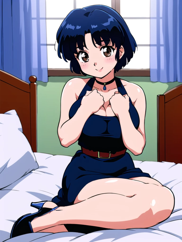 HDR, CG, sharp focus, (8k), (4k), masterpiece, best quality, detailed skin, extremely detailed, hiper detailed, sharp focus, looking at viewer, high quality, AKANE, Akane tendou, short hair, blue hair, brown eyes ,curtain pelvic DRESS, tetas grandes, bLush, solo, 1girl, sit on BED, BEDROOM background, hands on , heels, black dress, smile,  
