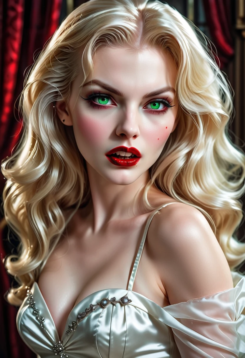 ((a photorealistic glamour shot of an exquisite, glamour female vampire: 1.5)), ultra feminine,  pale face, blond hair, long vibrant shiny hair, glamorous hair, emerald green eyes, deep penetrating eyes, red lips, lustful lips, ((two vampiric fangs: 1.5), drops of blood dripping from the mouth, ((1950's style: 1.5)), she wears white elegant glamour dress, tight suit,  dynamic color, high heels, dynamic background,  (highest quality:1.2, Very detailed, up to date, Vibrant, Ultra-high resolution, High Contrast, masterpiece:1.2, highest quality, Best aesthetics), best details, best quality, highres, ultra wide angle, 16k, [ultra detailed], masterpiece, best quality, (extremely detailed), Genetically modified..., Cinematic Hollywood Film,