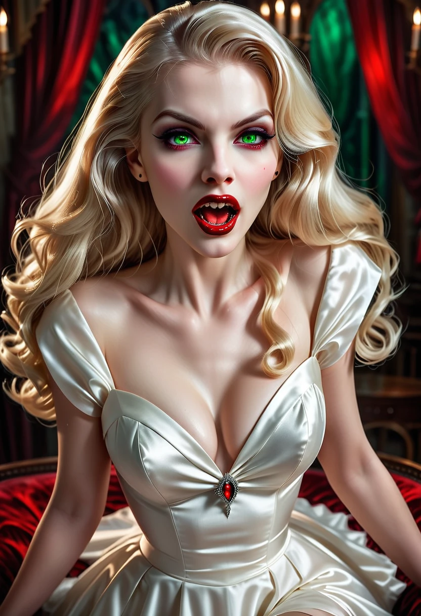 ((a photorealistic glamour shot of an exquisite, glamour female vampire: 1.5)), ultra feminine,  pale face, blond hair, long vibrant shiny hair, glamorous hair, emerald green eyes, deep penetrating eyes, red lips, ??????? lips, ((two vampiric fangs: 1.5), drops of blood dripping from the mouth, ((1950's style: 1.5)), she wears white elegant glamour dress, tight suit,  dynamic color, high heels, dynamic background,  (highest quality:1.2, Very detailed, up to date, Vibrant, Ultra-high resolution, High Contrast, masterpiece:1.2, highest quality, Best aesthetics), best details, best quality, highres, ultra wide angle, 16k, [ultra detailed], masterpiece, best quality, (extremely detailed), Genetically modified..., Cinematic Hollywood Film,