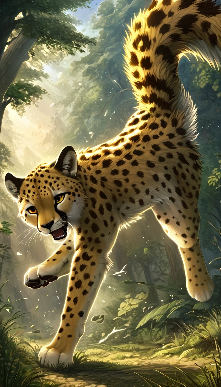 ((Masterpiece)), ((Best Quality)), (Very Detailed), ((Very Detailed)), 4K, (8K), very aesthetic, absurdres highres, 1man, anthropomorphic cheetah, furry, kemono, In a clearing in the forest, a cheetah sprints in the cold early morning light, its front legs outstretched and kicking the ground, its hind legs stepping down with force. The animal's eyes are wide open, its mouth is open, and it is drooling. Its lithe, spotted body is depicted as its muscles move. In the background, grass and trees sway, dust rises, and prey can be seen in the distance.