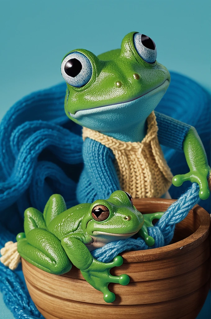 Disney Pixar-type poster of a little green frog holding a blue yarn and a knitting hook with tender eyes. 