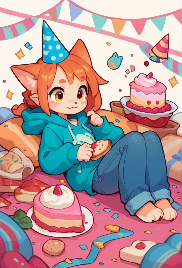The Q version of the cute furry cat, looking cutely to a birthday cake, cute, pointy hair, party hat, hoodie, jeans, beans