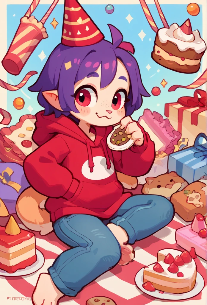 The Q version of the cute furry cat, looking cutely to a birthday cake, cute, pointy hair, party hat, hoodie, jeans, beans