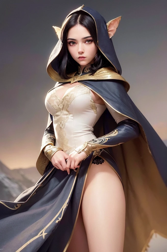 ((masterpiece)),(((Highest quality))),((Super detailed)),((front)),Dynamic Angle, One Elven Girl,Black Hair,Short Hair,(((A large mole just below the corner of the eye))),Half of the face is covered by a hood,Big Cape,