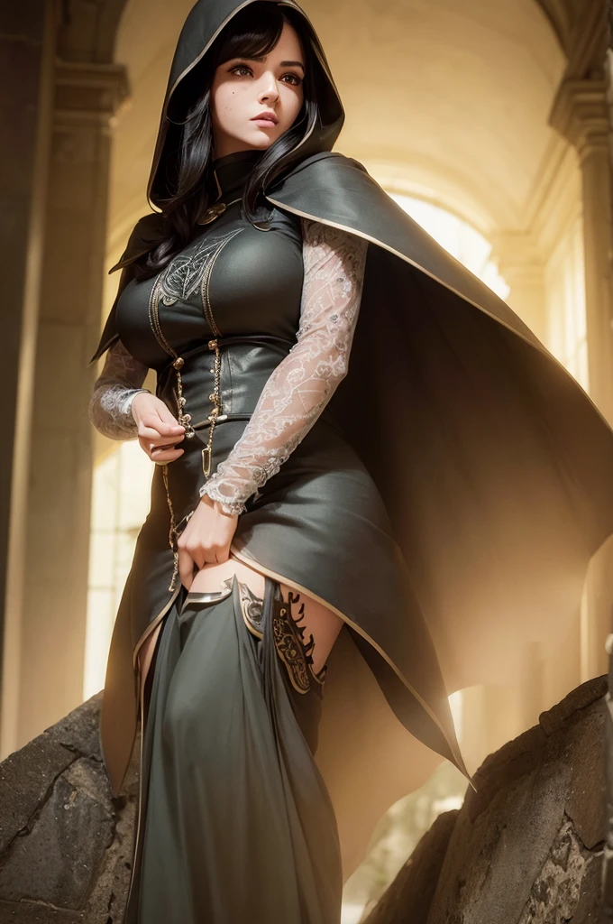 ((masterpiece)),(((Highest quality))),((Super detailed)),((front)),Dynamic Angle, One Elven Girl,Black Hair,Short Hair,(((A large mole just below the corner of the eye))),Half of the face is covered by a hood,Big Cape,