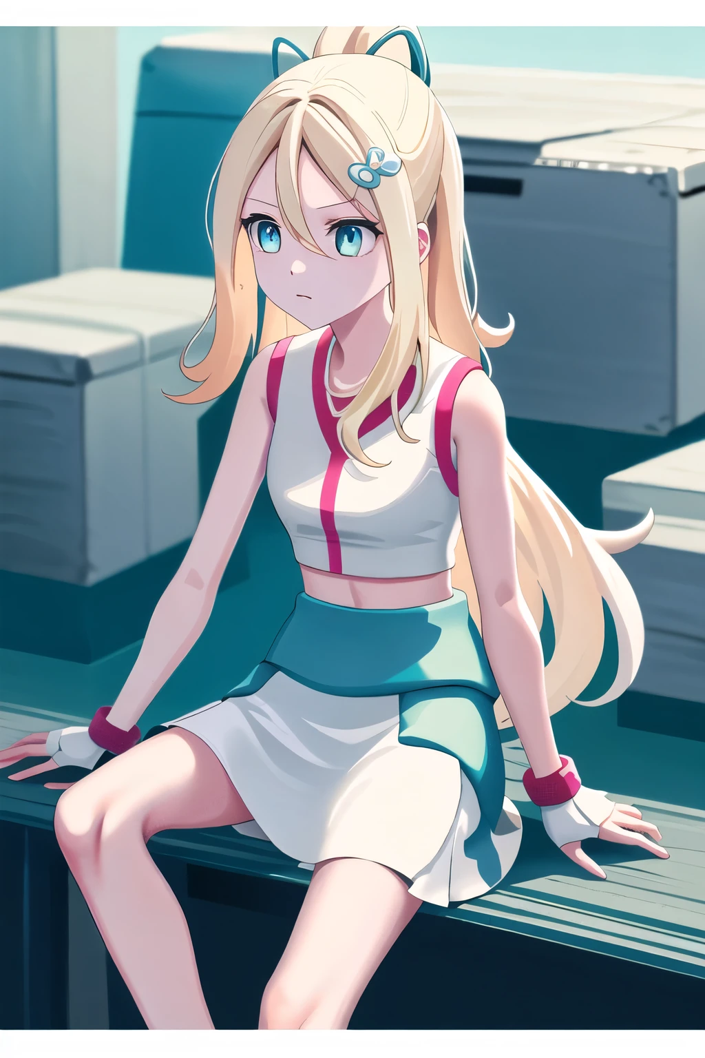 Work of art, best qualityer, high resolution, long blonde hair, blue colored eyes, 1 girl, standing alone, eyelash, sleeveless, bangss, clavicle, bare arms, white undershirt, White background, 正面, no scenario, gazing at viewer, trunk, visualizador de 正面, solid color background, clean background, de 正面 para a câmera, high resolution, calm and expressionless face, White background, looking away outdoors, sitting down, Peace_signo,