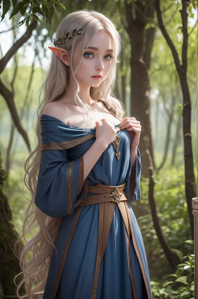 Lyra has deep, bright blue eyes that convey curiosity and tranquility and bronze hair that falls in soft waves down to her shoulders.. Your skin has a pale tone, with a slight glow that indicates his elven heritage. She is slender and agile, com uma postura confiante.