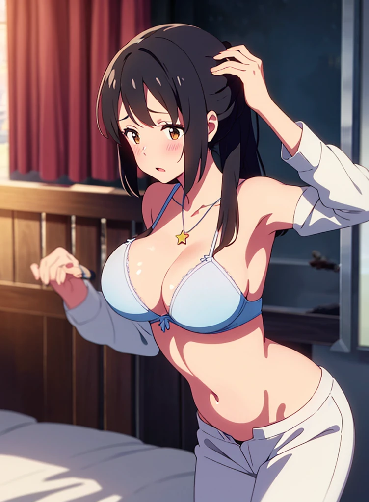 shinkai makoto, Kimi No Na Wa., 1 boy, Shaved head, , Boys are behind girls, Touching the , Rubbing  , grab, grabbing ,chestgrab behind back,  your , Hold the , Embrace, Embrace, Kiss on the neck, One girl, Black Hair, Waterfall knitting, Red ribbon, Long Hair, Brown eyes, blue star necklace, Light Cardigan Pink, , Yellow shirt Open shift, belly button, White , White pants, cute, Open your mouth, whole body, Long sleeve, Cowboy Shot, masterpiece, On a date, Blushing, Bedroom, night, Sit on the bed , Shaved head,, are ,Armpit sweat,Shyness,clear,High exposure,Having my armpits licked,His arms are tied and he is hanging from a rope