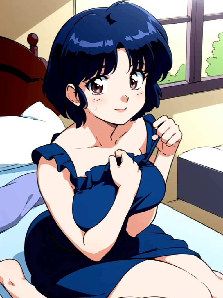 HDR, CG, sharp focus, (8k), (4k), masterpiece, best quality, detailed skin, extremely detailed, hiper detailed, sharp focus, looking at viewer, high quality, AKANE, Akane tendou, short hair, blue hair, brown eyes ,curtain pelvic DRESS, tetas grandes, bLush, solo, 1girl, sit on BED, BEDROOM background, hands on chest, heels, black dress, smile,