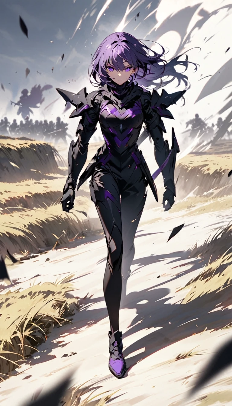 create a Human figure that looks like a shadow, this being has purple eyes, it is exiting a battlefield