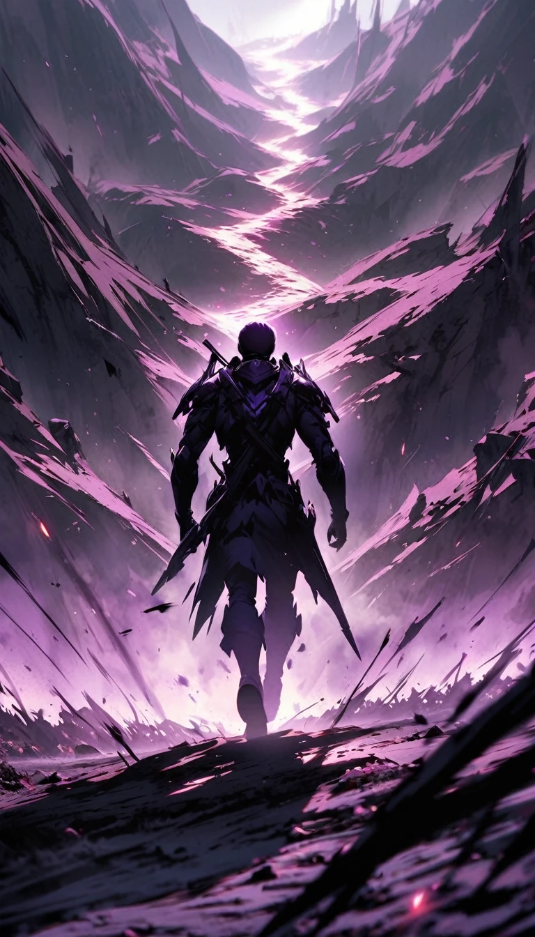 create a Human figure that looks like a shadow, this being has purple eyes, it is exiting a battlefield