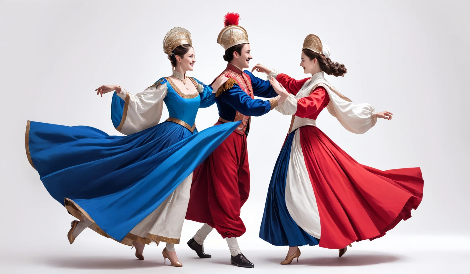 A couple of nobles dancing together , red and blue garments,totally white background 