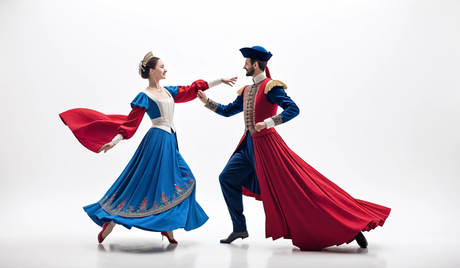 A couple of nobles dancing together , red and blue garments,totally white background 