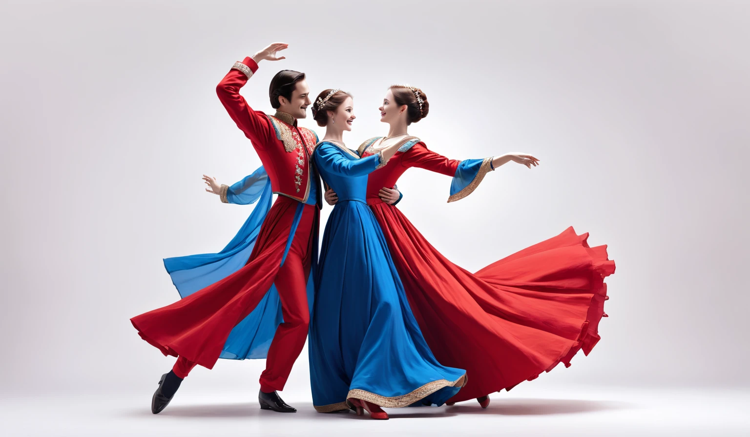 A couple of nobles dancing together , red and blue garments,totally white background 