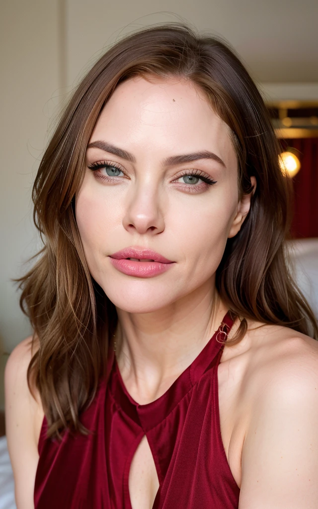 photorealistic, best quality, hyper detailed, beautiful blonde hair woman, 36 year old, brown eyes, big breast, red outfit, upper body, wearing dress, bedroom, (cheerful, shy), shoulders, bright red lips, blushing cheeks, full height, nikon z9, 30mm lens, sharp focused face, f/4, iso 200, shutter 1/, cinematic light, medium shot, raw ,intricately detailed, award winning photograph, high sharpness, facimetry, bokeh, ultra-detailed, Nicole Kidman, Angelina Jolie