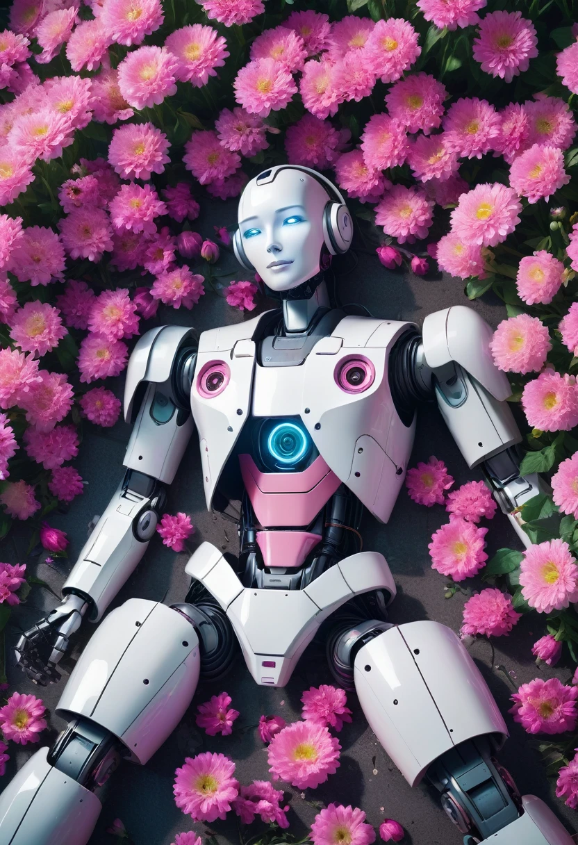 (Cyberpunk art photography:1.3) photo of a humanoid robot lying on a tiled surface, surrounded by scattered pink flowers, top-down perspective, soft even lighting, shot with a high-resolution digital camera, in the style of Simon Stålenhag

