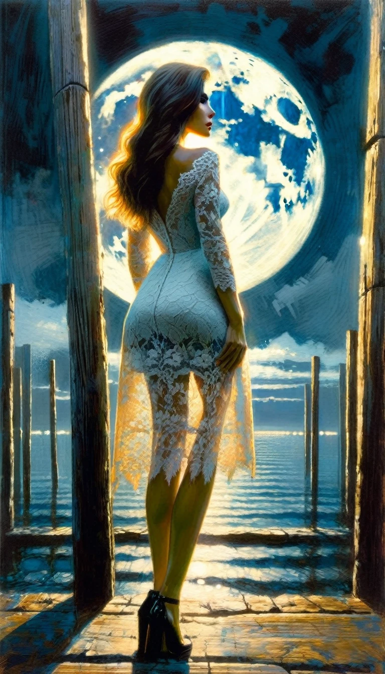 sexy woman in lace dress looks at the horizon between three wooden posts, loneliness, moon (art inspired by Bill Sienkiewicz, intricate details, oil painting)

