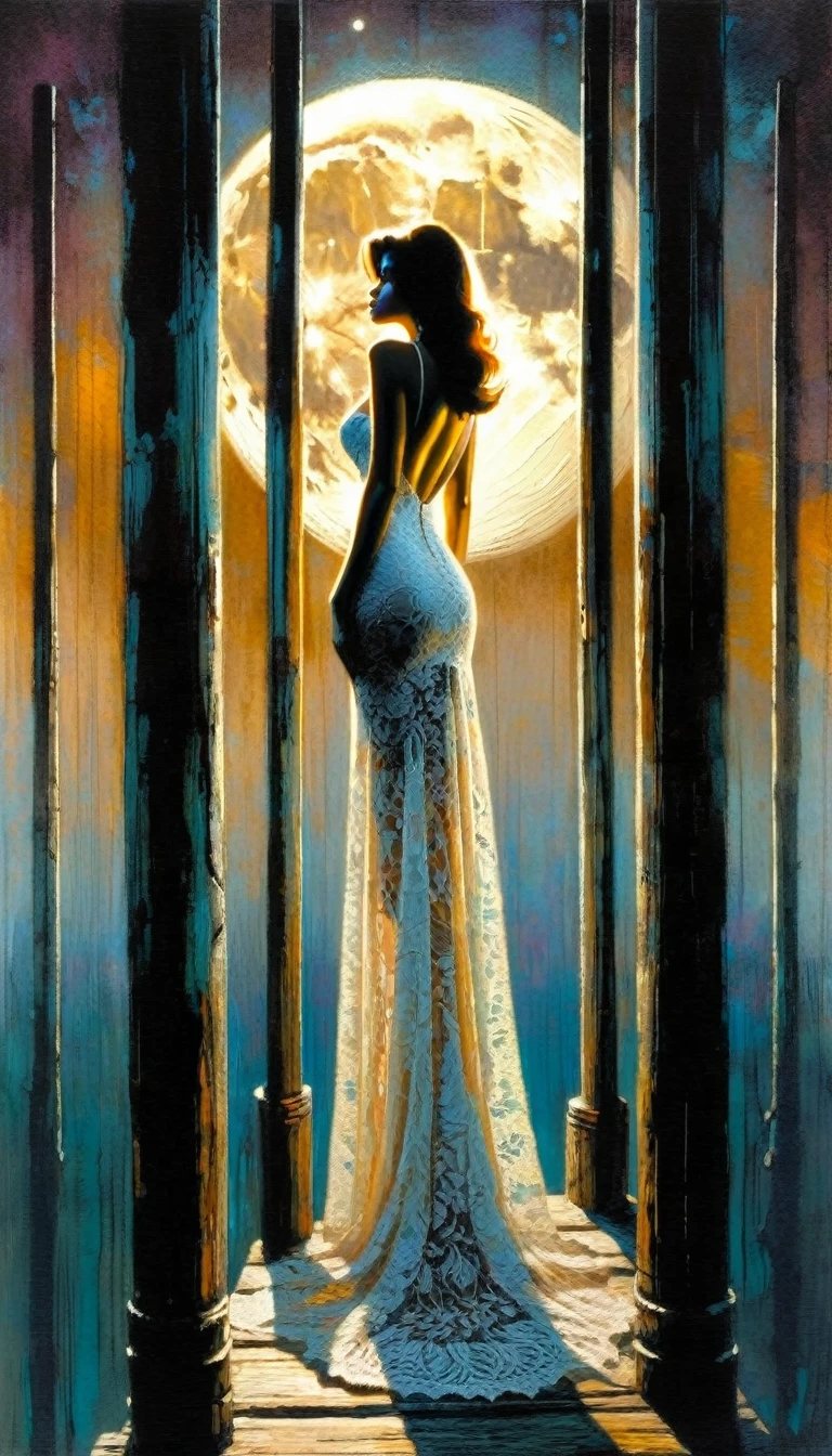 sexy woman in lace dress looks at the horizon between three wooden posts, loneliness, moon (art inspired by Bill Sienkiewicz, intricate details, oil painting)
