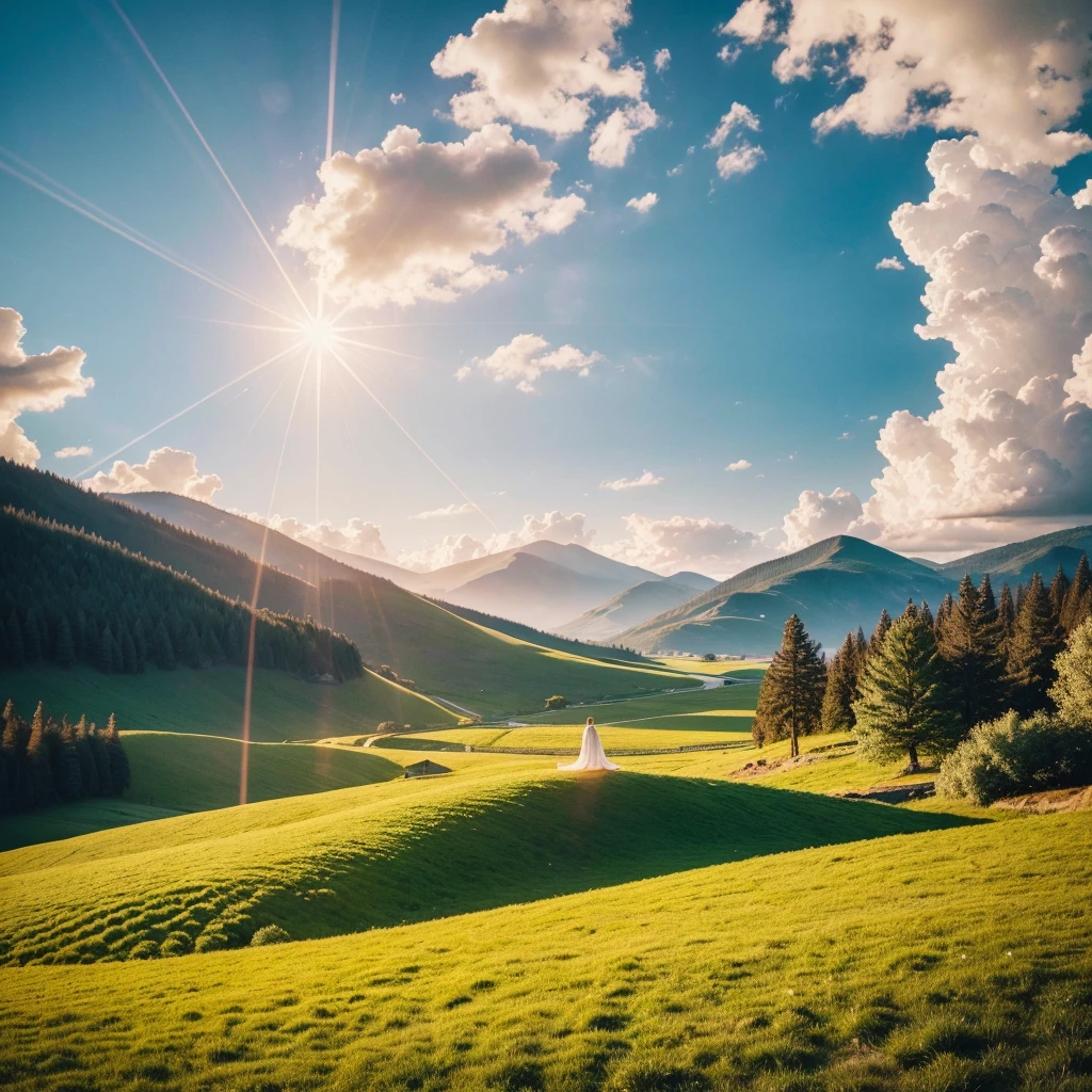 "Create an image that represents the concept of divine restoration. Showcase a vibrant and renewed landscape, with elements that suggest transformation and improvement. Include a soft celestial light that illuminates the scene, symbolizing the presence of God. a beautiful instagram size field.
