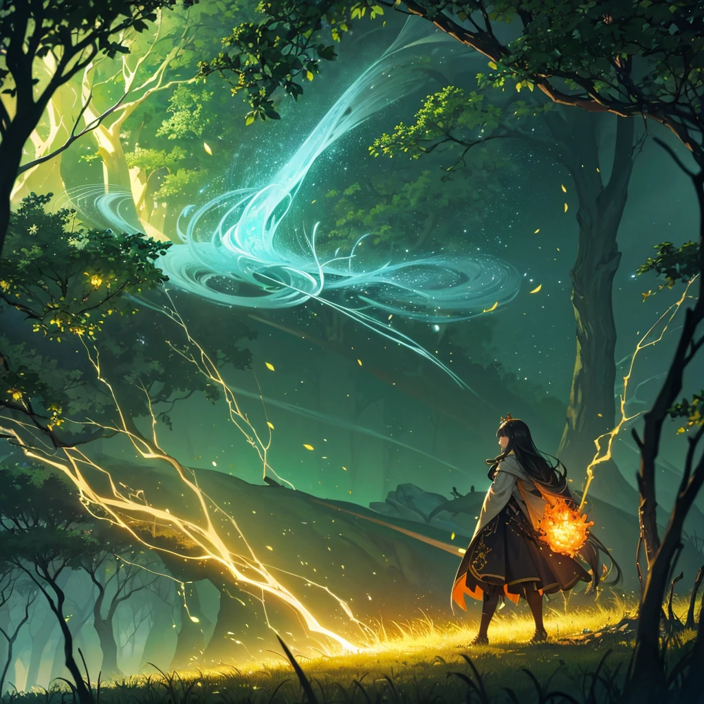 In the middle of an extensive and ancient magical forest, the trees rise imposingly, their crowns intertwining creating a natural roof of glowing green leaves.  The air is charged with an ethereal energy, and small lights float, like enchanted fireflies.  Suddenly, a flash breaks the calm of the forest.  In the distance, beyond the rows of gnarled trunks and snaking roots, a huge explosion lights up the horizon.  The golden and orange glow bathes the trees in blinding light, casting dancing shadows and filling the air with a deep rumble.