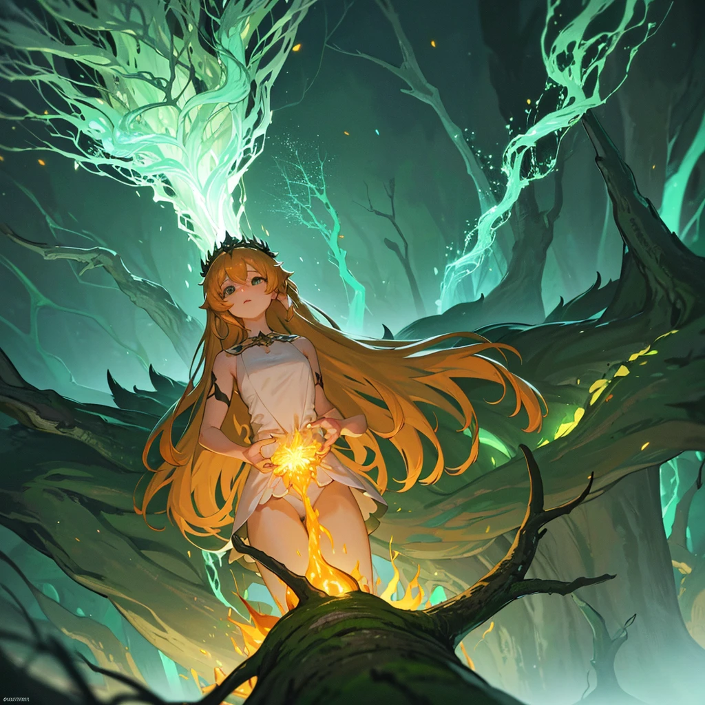 In the middle of an extensive and ancient magical forest, the trees rise imposingly, their crowns intertwining creating a natural roof of glowing green leaves.  The air is charged with an ethereal energy, and small lights float, like enchanted fireflies.  Suddenly, a flash breaks the calm of the forest.  In the distance, beyond the rows of gnarled trunks and snaking roots, a huge explosion lights up the horizon.  The golden and orange glow bathes the trees in blinding light, casting dancing shadows and filling the air with a deep rumble.