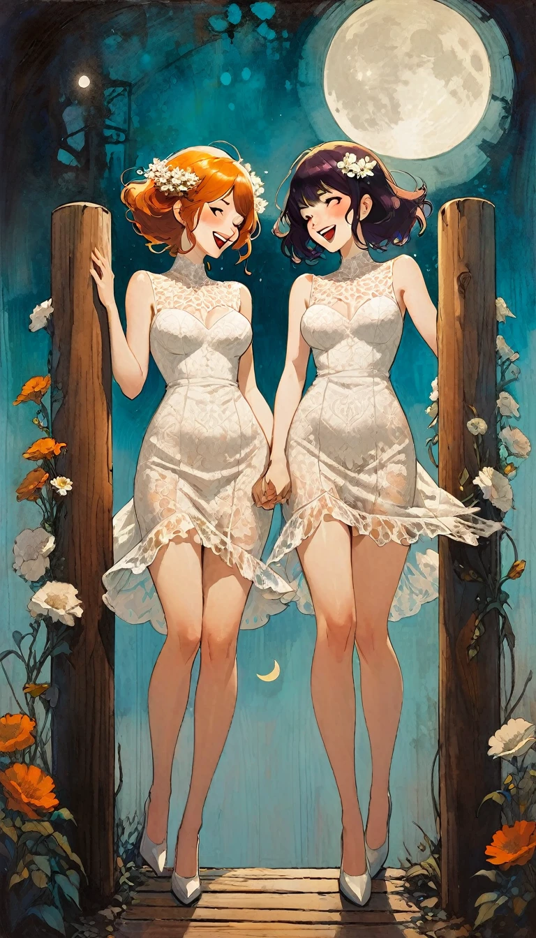 two sexy women in lace dresses celebrate and laugh, they carry flowers, we see them between four wooden posts, moon (art inspired by Bill Sienkiewicz, intricate details, oil painting)
