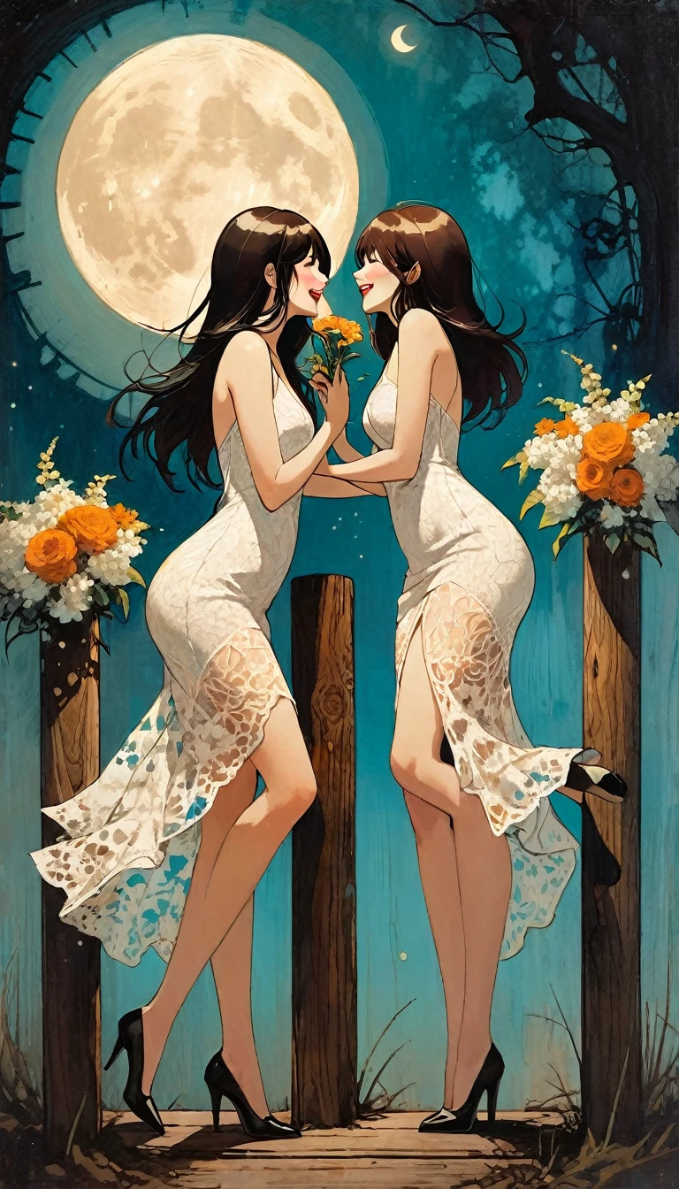 two sexy women in lace dresses celebrate and laugh, they carry flowers, we see them between four wooden posts, moon (art inspired by Bill Sienkiewicz, intricate details, oil painting)