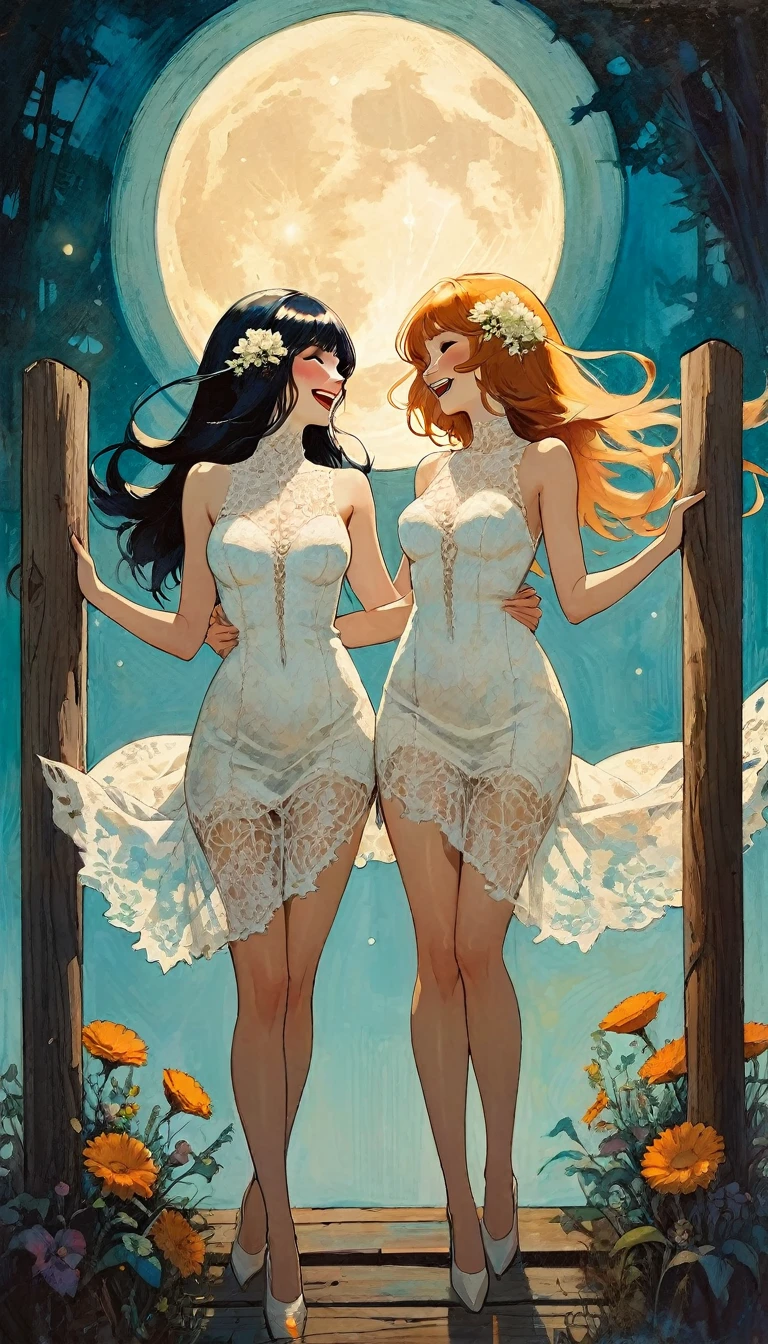 two sexy women in lace dresses celebrate and laugh, they carry flowers, we see them between four wooden posts, moon (art inspired by Bill Sienkiewicz, intricate details, oil painting)