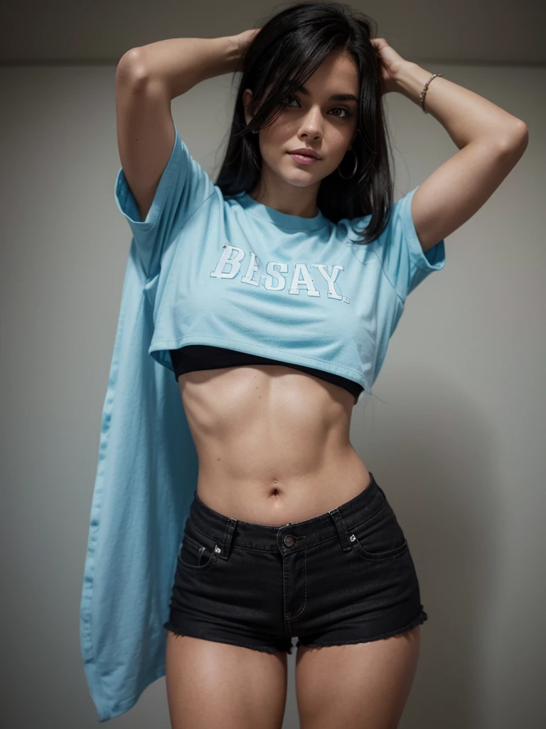 (average: 1,1) woman with black hair and light eyes, (badass clothing)  blue shorts and crop top, happy expression