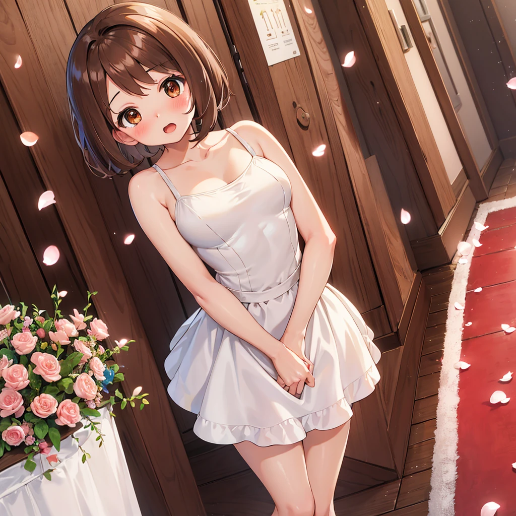 masterpiece, Highest quality, High resolution, Gloria1, 1 Girl, Gloria\(Pokémon\), Brown Hair, , Brown Eyes, , Short Hair, , Bobcut, bangs, , 1Describe a girl carefully 1Girl Expression in love blush Open Mouth blush church Wedding dress(mini skirt) breast enhancement