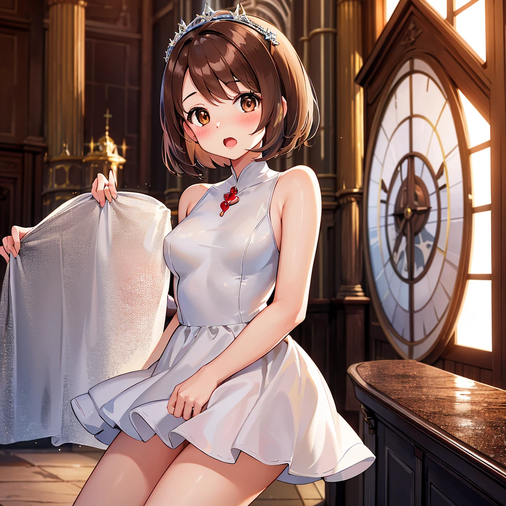 masterpiece, Highest quality, High resolution, Gloria1, 1 Girl, Gloria\(Pokémon\), Brown Hair, , Brown Eyes, , Short Hair, , Bobcut, bangs, , 　１Describe a girl carefully　１Girl　Expression in love　blush　Open Mouth　blush　church　Wedding dress（mini skirt）　breast enhancement