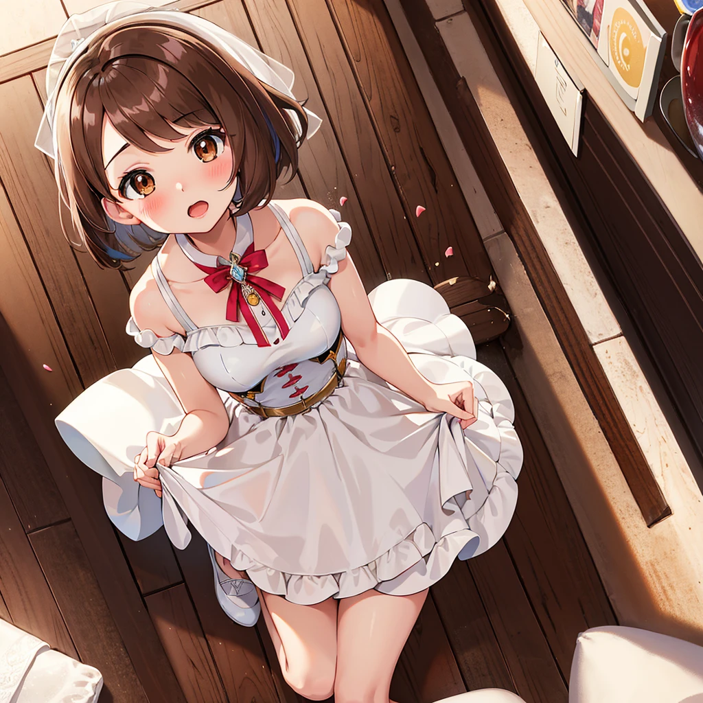 masterpiece, Highest quality, High resolution, Gloria1, 1 Girl, Gloria\(Pokémon\), Brown Hair, , Brown Eyes, , Short Hair, , Bobcut, bangs, , 　１Describe a girl carefully　１Girl　Expression in love　blush　Open Mouth　blush　church　Wedding dress（mini skirt）　breast enhancement