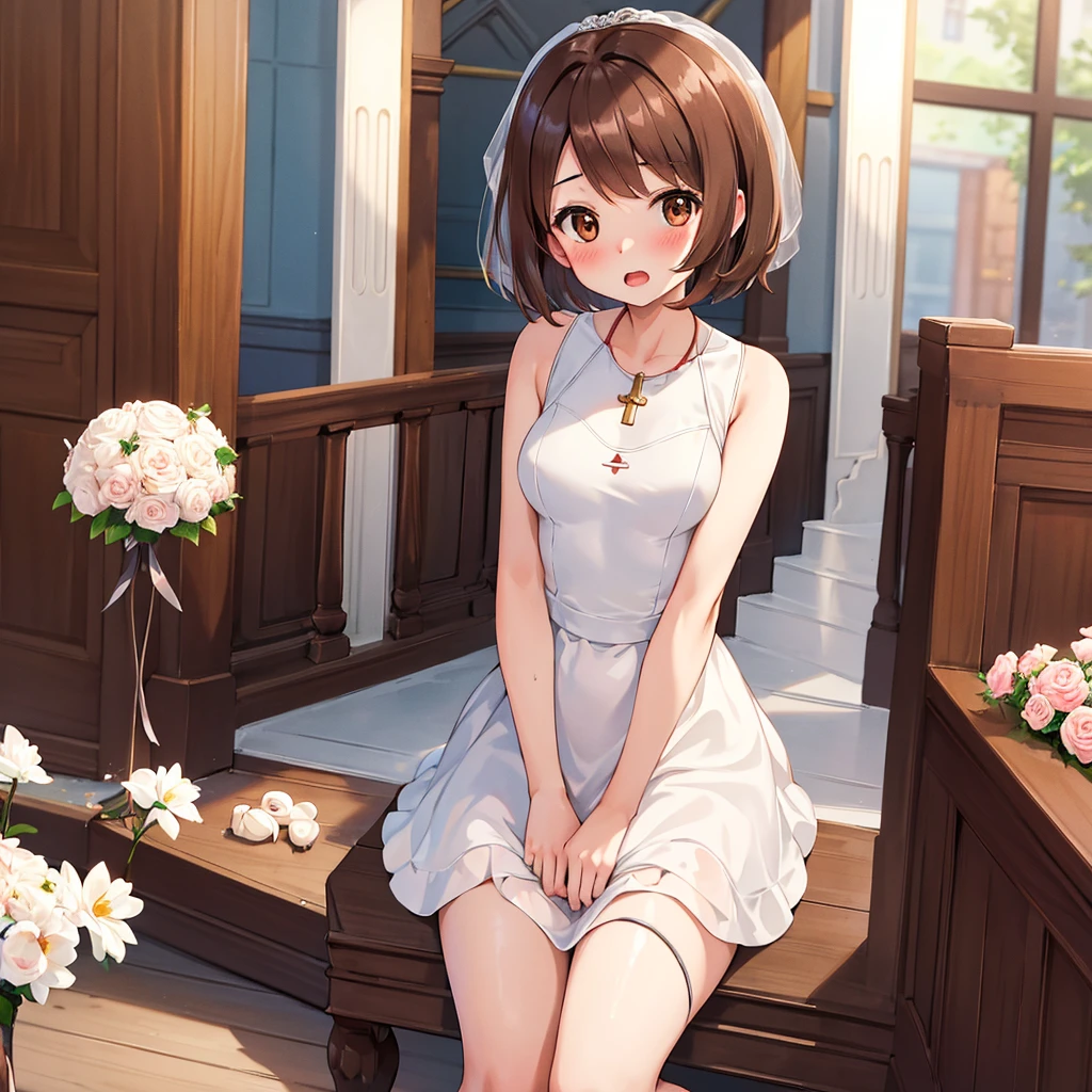 masterpiece, Highest quality, High resolution, Gloria1, 1 Girl, Gloria\(Pokémon\), Brown Hair, , Brown Eyes, , Short Hair, , Bobcut, bangs, , 1Describe a girl carefully 1Girl Expression in love blush Open Mouth blush church Wedding dress(mini skirt) breast enhancement