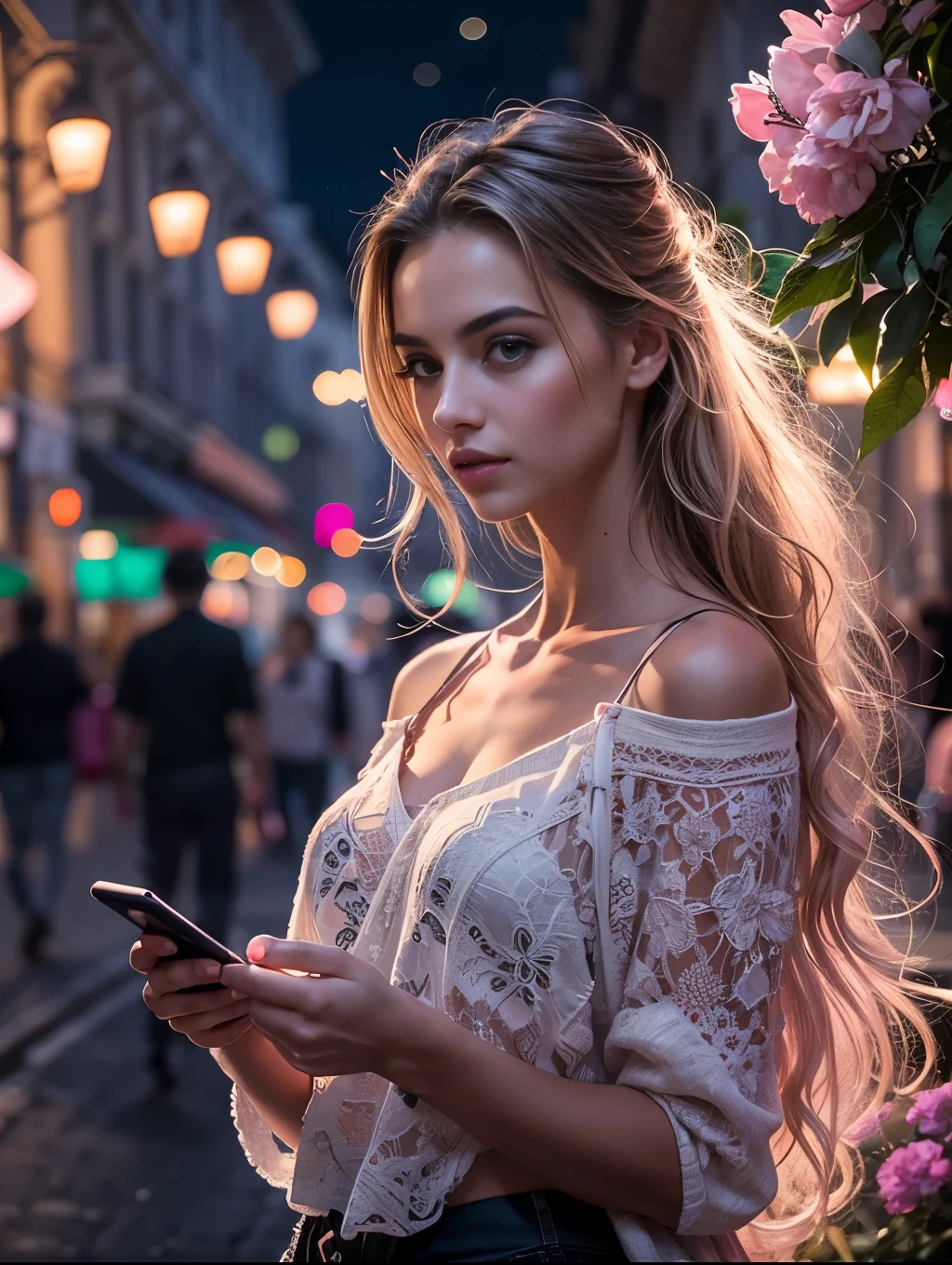 An ultra hot gorgeous European woman, age 23. street at night with lights, fiddling with smartphone, hot pants, fragrant pink flowers, passers-by, gradation of night scene, fine details, subtle tones, tranquility floating on the screen.