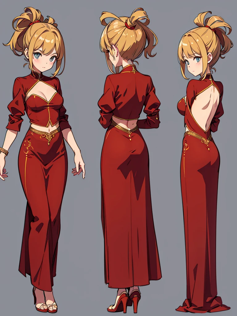 cute, standing lady, three view drawing, front and back and side,full body,simple background,dancer