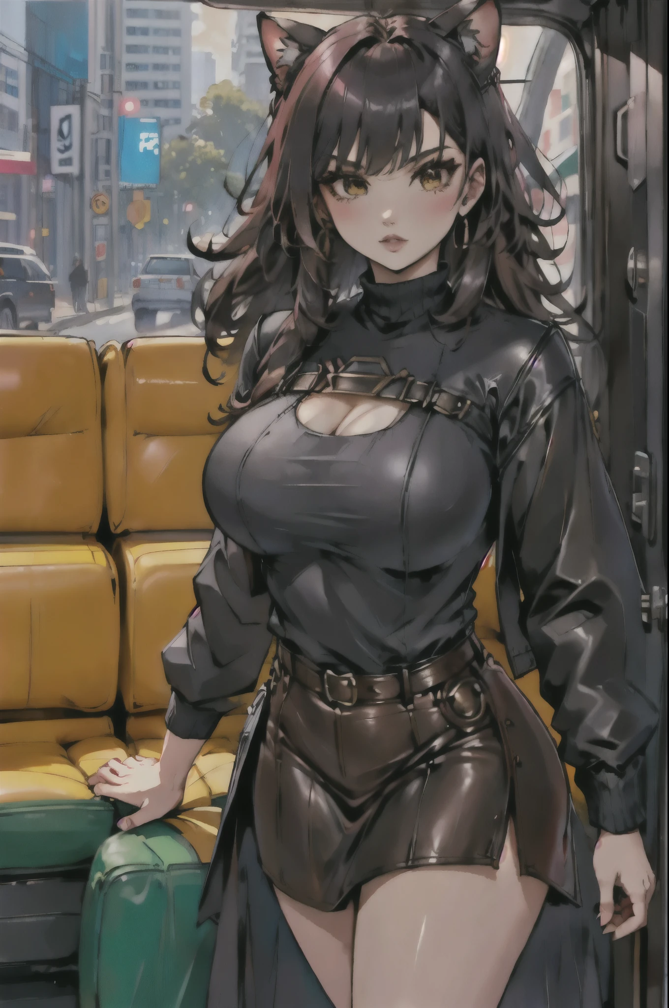 (neocruz and junkotvv)(hands on thighs, backwards, Heavyweight, big boy, leather jacket:1.2), picture of a couple inside a Taxi at evening, 1 chico, male focus, Tall Man, soon one, male with leather jacket, black man, evening:1.4) (Taxi, evening, auto, Backseat, looking at another:1.3) BREAK