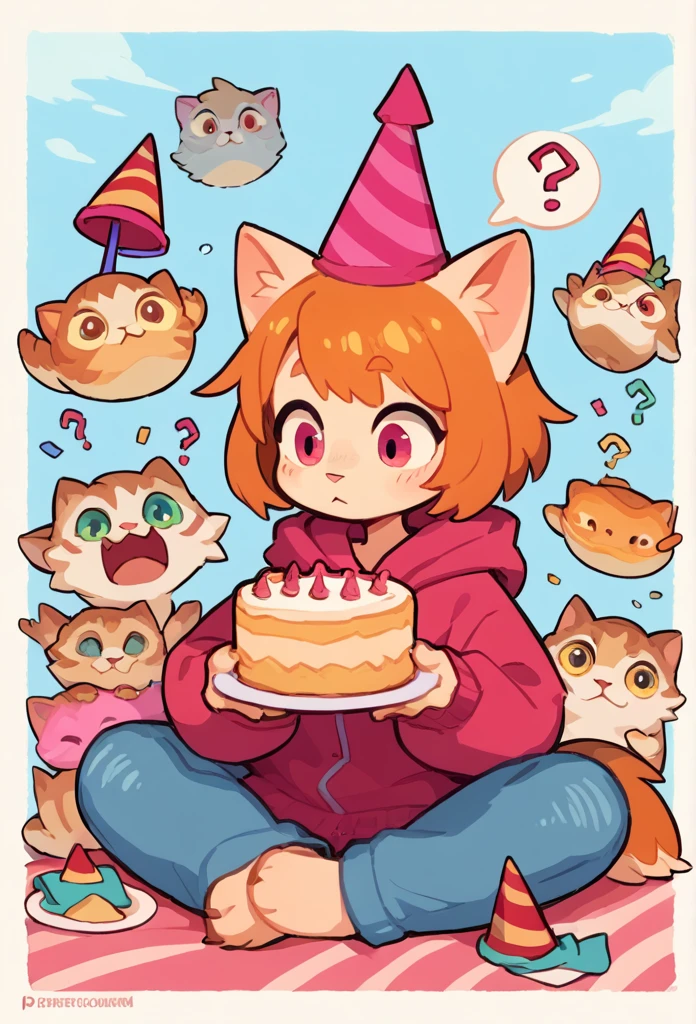The Q version of the cute furry cat, holding a birthday cake, sitting, surprise expression, ?, cute, pointy hair, party hat, hoodie, jeans, beans