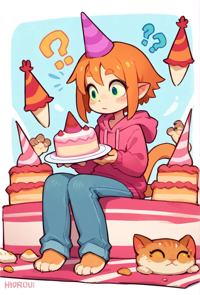 The Q version of the cute furry cat, holding a birthday cake, sitting, surprise expression, ?, cute, pointy hair, party hat, hoodie, jeans, beans